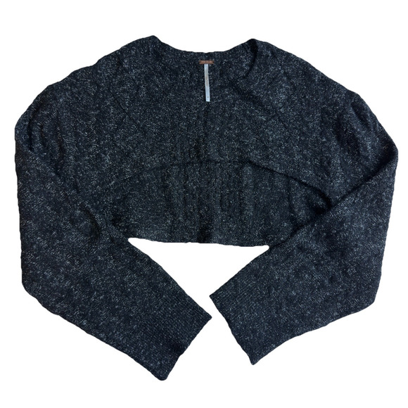 Free People Womens Fuzzy Cable Knit Bolero Shrug Gray Sz Medium Pullover Preppy - Picture 1 of 5